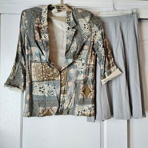 Vintage Toni Garment Skirt Suit Set Womens Medium Grey‎ Patchwork 90s Floral